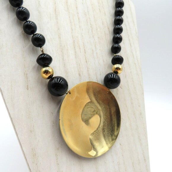Vintage Black Gold Bead 16" Necklace Reversible Pendant Art Deco Statement - Picture 6 of 7
